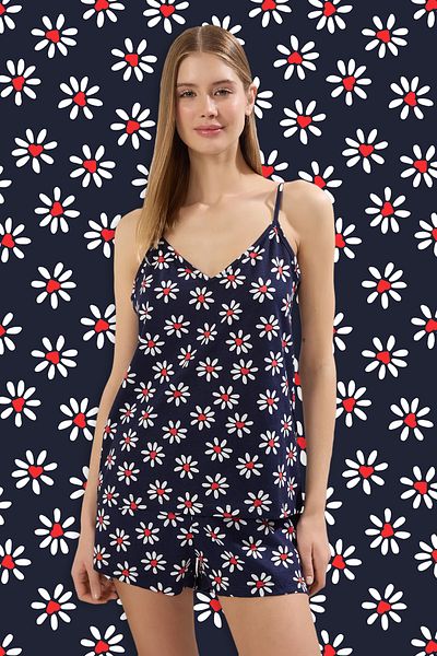 Trendyol Collection Colorful Floral Print Single Jersey Pajama Set - Navy Blue Thmss25Pt00121