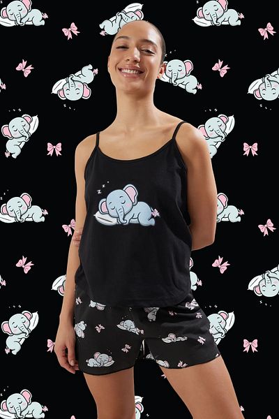 Trendyol Collection Black Elephant Print Ribbon Bow Sleepwear Set 100% Cotton - Thmss25Pt00170