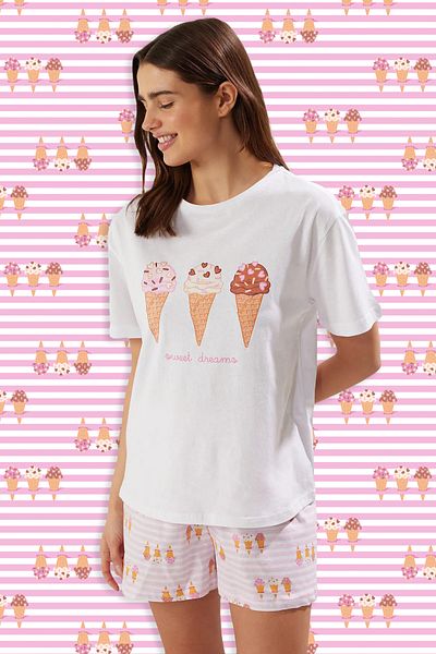 Trendyol Collection Weißes bedrucktes Single-Jersey-Pyjama-Set THMSS25PT00276