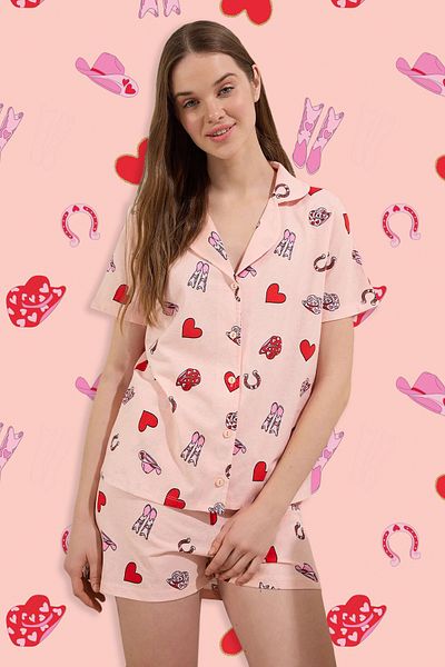 Trendyol Collection Pink 100% Cotton Heart Cowboy Pattern Shirt Shorts Knitted Pajamas Set Thmss25Pt00298