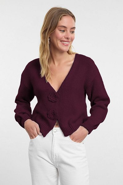 Trendyol Collection Burgunderrote Strickjacke mit Rosendetails TWOAW25HI00242