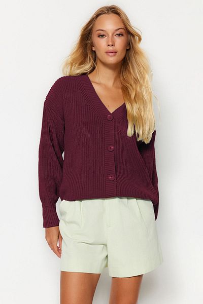 Trendyol Collection Claret Red Couple Basic V-Neck Knitwear Cardigan Twoaw24Hi00383