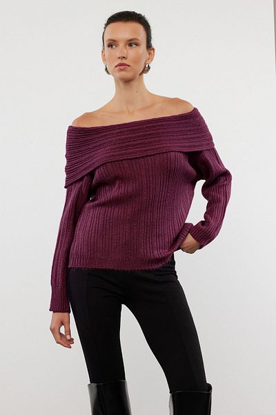 Trendyol Collection Burgundy Soft Textured Carmen Collar Knitwear Sweater Twoaw25Kz00076