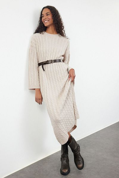 Trendyol Collection Μπεζ Maxi Knitwear Φόρεμα με πλεκτό φαρδύ καλούπι TWOAW25EL00078