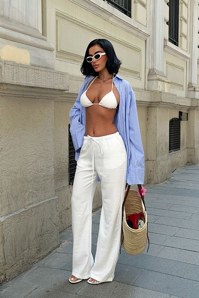 HLT JEANS Бели дамски тънки, развяващи се широки панталони с еластична талия и детайли, EMİLY-3021