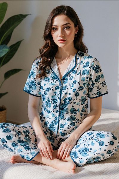 BELLA NOTTE Set pijamale de vară cu mâneci scurte albastre