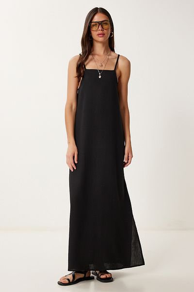Happiness İstanbul Women's Black Strap Summer Linen Dress Dz00129