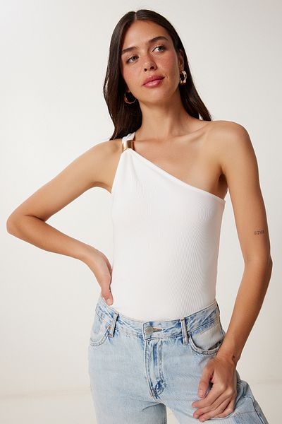 Happiness İstanbul Women's Ecru One Shoulder Ribbed Knitted Blouse Pb00044