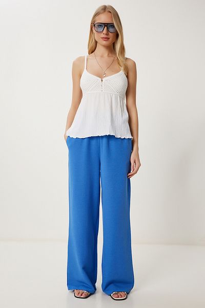 Happiness İstanbul Blaue Leinenhose mit weitem Bein für Damen DP00261
