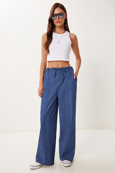 Happiness İstanbul Dunkelblaue Damen-Sommer-Tensel-Hose mit weitem Bein MX00213