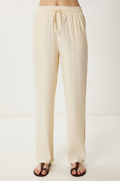 Happiness İstanbul Women's Cream Patterned Summer Viscose Trousers Wf00110