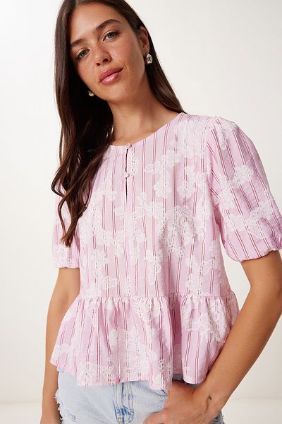 Happiness İstanbul Rosa gemusterte, ausgestellte Leinen-Mischbluse für Damen MX00202