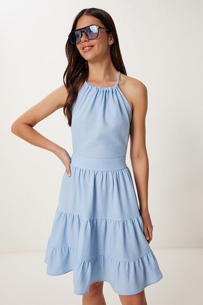 Happiness İstanbul Rochie de vară tricotată, albastru cer, amestec de in, transparentă, GX00010