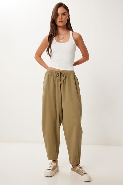 Happiness İstanbul Women's Olive Green Pocketed Gabardine Baggy Trousers Mx00205
