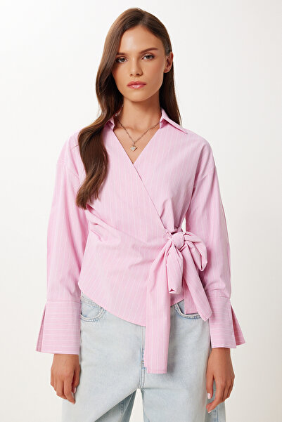Happiness İstanbul Dámská růžová košile s límečkem a pruhovaným zavinovacím popelínovým lemem DP00244