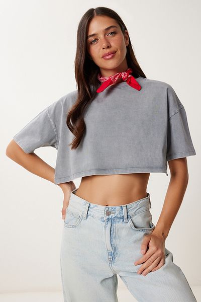 Happiness İstanbul Damen-T-Shirt aus Baumwolle mit geräuchertem, verblasstem Effekt, kurz geschnitten, BF00105