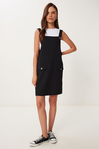 Happiness İstanbul Schwarzes Mini-Web-Salopet-Kleid für Damen MX00208