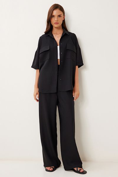 Happiness İstanbul Women's Black Wrinkle Effect Woven Shirt Pants Suit Mx00207