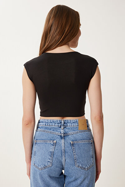 Happiness İstanbul Schwarz-weiße 2er-Pack Basic Crop-Strickbluse für Damen ZV00327