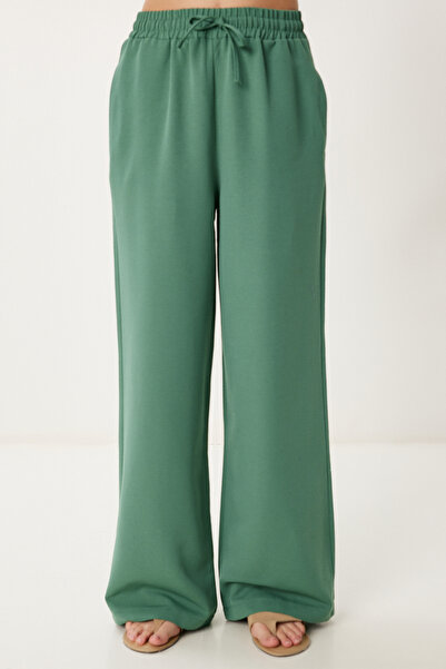 Happiness İstanbul Γυναικείο Σκούρο Πράσινο Λινό Παντελόνι με φαρδύ πόδι DP00261