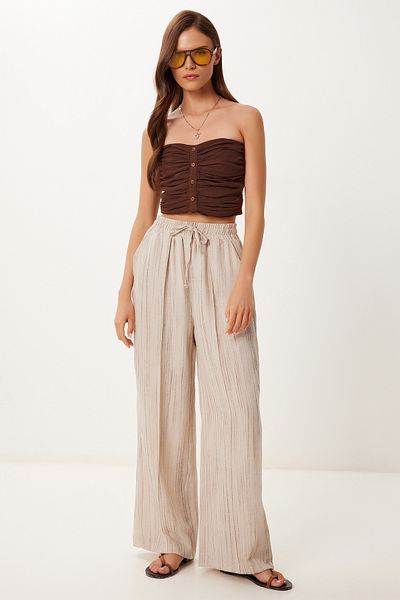 Happiness İstanbul Women's Beige Patterned Textured Linen Blended Palazzo Pants Mx00209