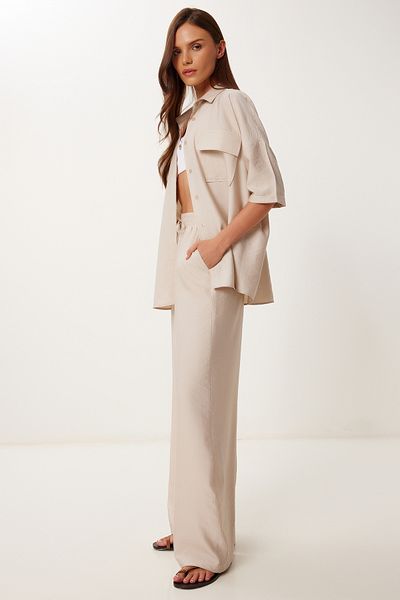 Happiness İstanbul Women's Stone Wrinkle Effect Woven Shirt Pants Suit Mx00207
