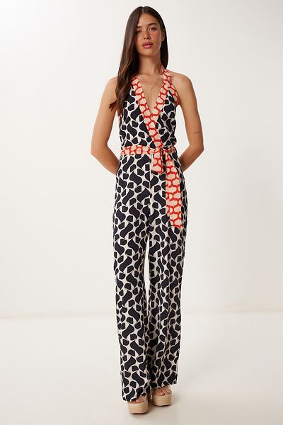 Happiness İstanbul Schwarzer Neckholder-Viskose-Overall mit Knochenmuster für Damen HM00068