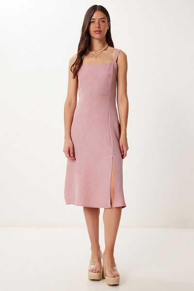 Happiness İstanbul Women's Pink Strap Linen Blend Summer Woven Dress Zh00053