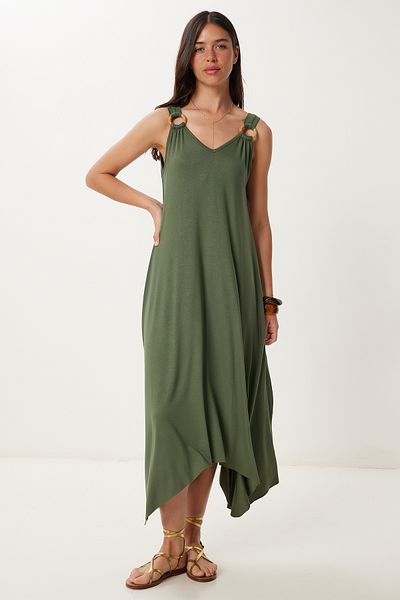 Happiness İstanbul Damen Khaki Ring Detaillierte Sommer Viskose Strickkleid EN00645