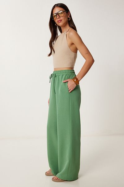 Happiness İstanbul Women's Green Wide Leg Linen Trousers Dp00261