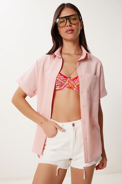 Happiness İstanbul Women's Light Pink Short Sleeve Pique Knitted Shirt Mx00199