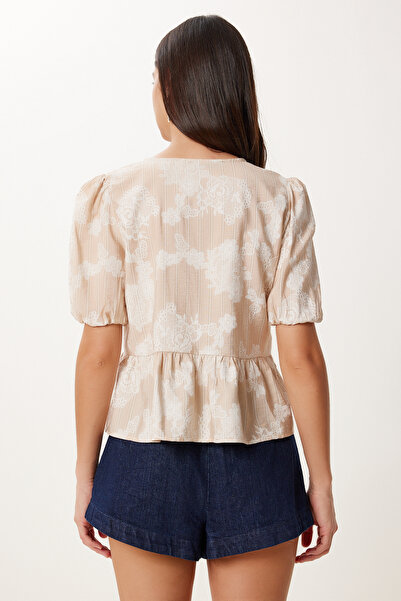 Happiness İstanbul Γυναικεία Μπεζ μπλούζα με μοτίβο με λινό με μπούκλες MX00202