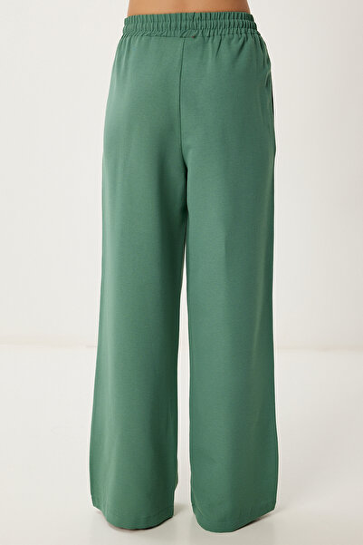 Happiness İstanbul Γυναικείο Σκούρο Πράσινο Λινό Παντελόνι με φαρδύ πόδι DP00261