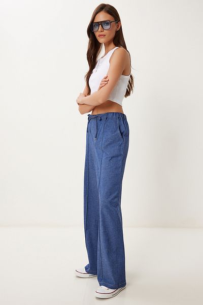 Happiness İstanbul Dunkelblaue Damen-Sommer-Tensel-Hose mit weitem Bein MX00213