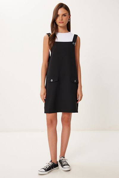 Happiness İstanbul Schwarzes Mini-Web-Salopet-Kleid für Damen MX00208