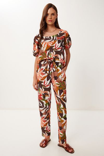 Happiness İstanbul Braune Damen-Blusenhose aus Leinen mit Granatapfelblütenmuster Fİ00001