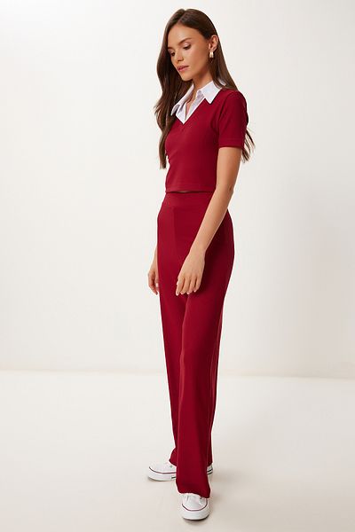 Happiness İstanbul Burgunderroter Polo-Kragen für Damen, dehnbarer, gerippter Strickanzug ZH00054