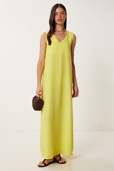 Happiness İstanbul Rochie de vară de bază din in, galbenă, fără mâneci, DZ00128