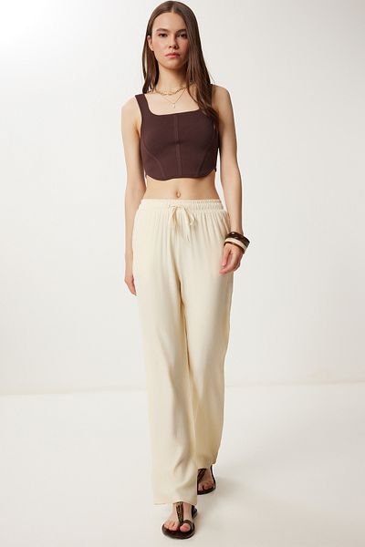 Happiness İstanbul Women's Cream Patterned Summer Viscose Trousers Wf00110
