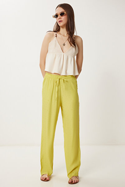 Happiness İstanbul Γυναικείο καλοκαιρινό παντελόνι βισκόζης με πράσινο λαδιό σχέδιο WF00110