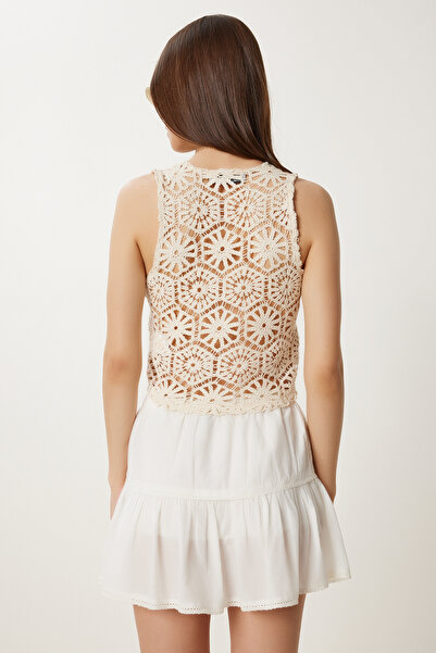 Happiness İstanbul Women's Cream Lace Detailed Linen Vest Ok00072