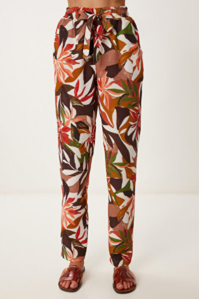 Happiness İstanbul Γυναικείο καφέ μοτίβο λινό μπλούζα παντελόνι με μοτίβο λινό Fİ00001