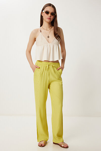 Happiness İstanbul Γυναικείο καλοκαιρινό παντελόνι βισκόζης με πράσινο λαδιό σχέδιο WF00110