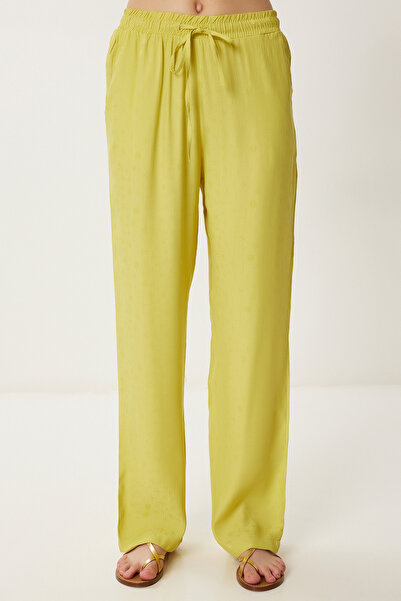 Happiness İstanbul Γυναικείο καλοκαιρινό παντελόνι βισκόζης με πράσινο λαδιό σχέδιο WF00110