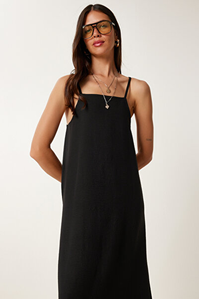 Happiness İstanbul Dámské černé letní lněné šaty s popruhem DZ00129