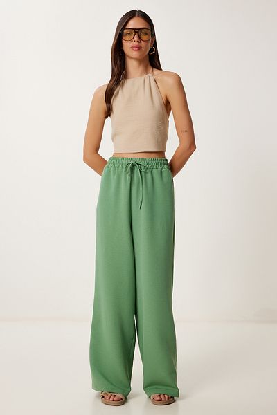 Happiness İstanbul Women's Green Wide Leg Linen Trousers Dp00261