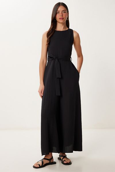 Happiness İstanbul Schwarzer Midi-Weboverall mit weitem Bein und Gürtel für Damen MX00215