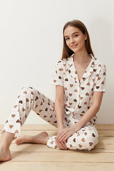 Trendyol Collection Ecru pamut szívvel kötött pizsama szett THMSS24PT00338