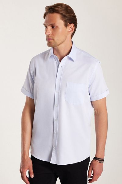 Tudors Men's Regular Fit Classic Cut Short Sleeve Cotton Single Pocket Dobby Light Blue Shirt