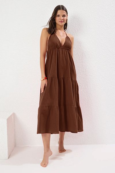 Trendyol Collection Καφέ Maxi υφαντό φόρεμα παραλίας TBESS25EL00099